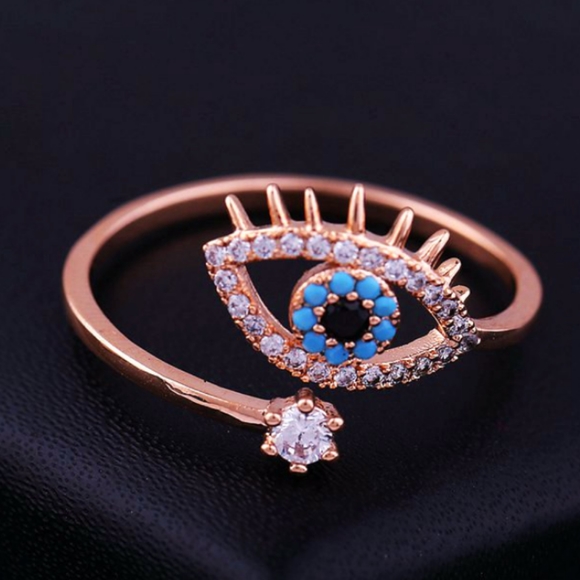 NEW ROSE GOLD BLUE EVIL EYE RESIZEABLE RING - Picture 3 of 6